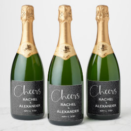 CHEERS Black Glitzer Wedding Sparkling Wine Labels Schaumweinetikett