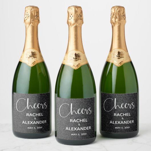 CHEERS Black Glitzer Wedding Sparkling Wine Labels Schaumweinetikett (Flaschen)