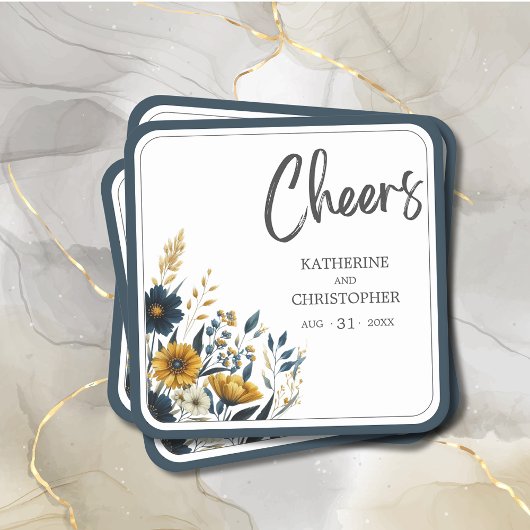 Cheers Blue Yellow Floral Wedding Rechteckiger Pappuntersetzer