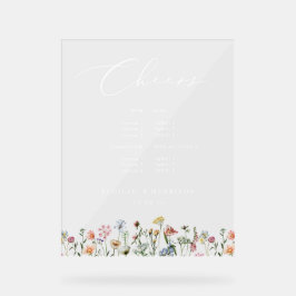 Cheers Boho Colorful Wild Blume Wedding Bar Menu Acrylschild