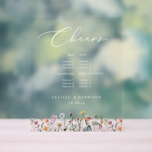 Cheers Boho Colorful Wild Blume Wedding Bar Menu Acrylschild (Neutral)