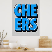 CHEERS Bold Blue Text Poster - Retro Pop Style (Küche)