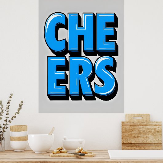 CHEERS Bold Blue Text Poster - Retro Pop Style (Küche)