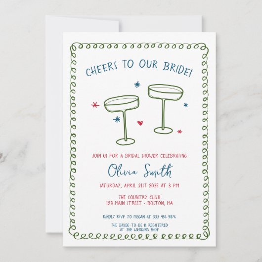 Cheers Brautparty handschriftlich Einladung (Vorderseite)