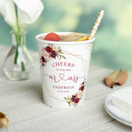 Cheers Burgundy Red Floral Gold Geometric Wedding Pappbecher