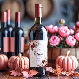 Cheers Burgundy Script Floral Gold Border Wedding Weinetikett