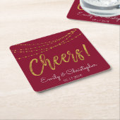 Cheers Burgundy und Gold Foil String Lights Rechteckiger Pappuntersetzer (angewinkelt)