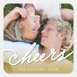 Cheers Calligraphy Script Gold Ombre Foto Holiday Quadratischer Aufkleber