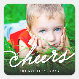 Cheers Calligraphy Script Modernes Foto Holiday Quadratischer Aufkleber