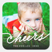 Cheers Calligraphy Script Modernes Foto Holiday Quadratischer Aufkleber (Vorderseite)