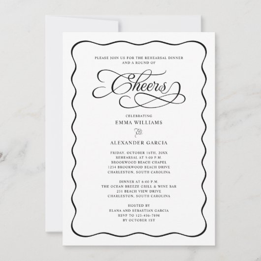 Cheers Calligraphy Wavy Border Probe Dinner Einladung (Vorderseite)