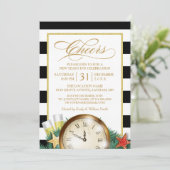 Cheers Champagne Clock Stripes Silvester Party Einladung (Stehend Vorderseite)