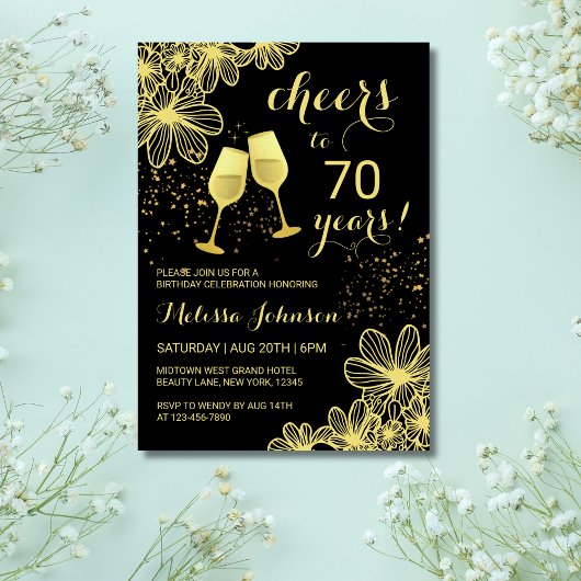 Cheers Champagne Floral Gold Black Geburtstag Einladung