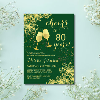 Cheers Champagne Floral Gold Green Geburtstag Einladung