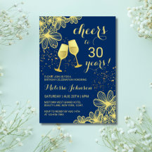 Cheers Champagne Floral Gold Navy Blue Geburtstag
