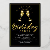 Cheers Champagne Fun Glam Black und Gold Geburtsta Folieneinladung (Vorderseite)