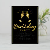 Cheers Champagne Fun Glam Black und Gold Geburtsta Folieneinladung (Stehend vorne)