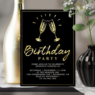 Cheers Champagne Fun Glam Black und Gold Geburtsta Folieneinladung