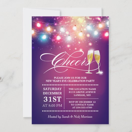 Cheers Champagne String Lights Silvester Party Einladung (Vorderseite)