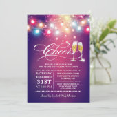 Cheers Champagne String Lights Silvester Party Einladung (Stehend Vorderseite)