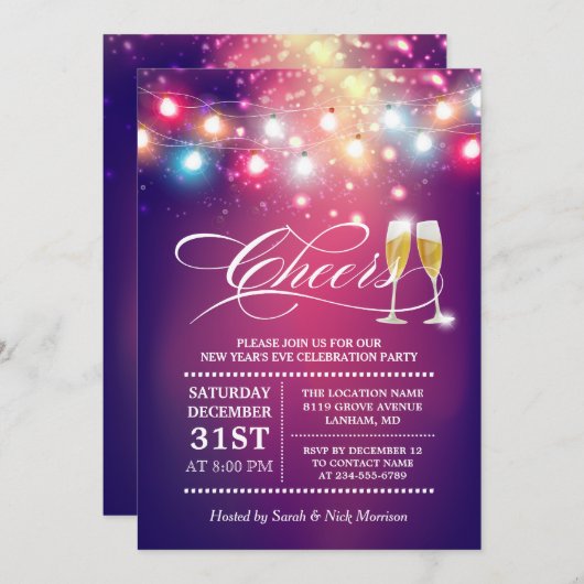 Cheers Champagne String Lights Silvester Party Einladung (Vorne/Hinten)