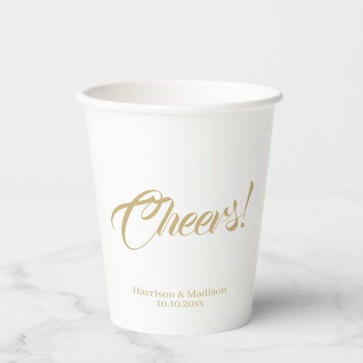 Cheers Custom Gold Kalligraphie Skript Hochzeit Pappbecher (Vorderseite)