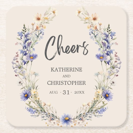 Cheers Dusty Blue BOHO Wildblumen Elegante Hochzei Rechteckiger Pappuntersetzer (Vorderseite)