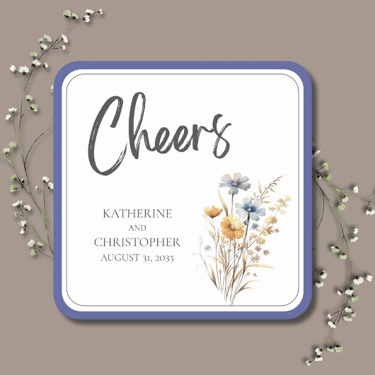 Cheers Elegant Blue Wildblume Floral Wedding Rechteckiger Pappuntersetzer