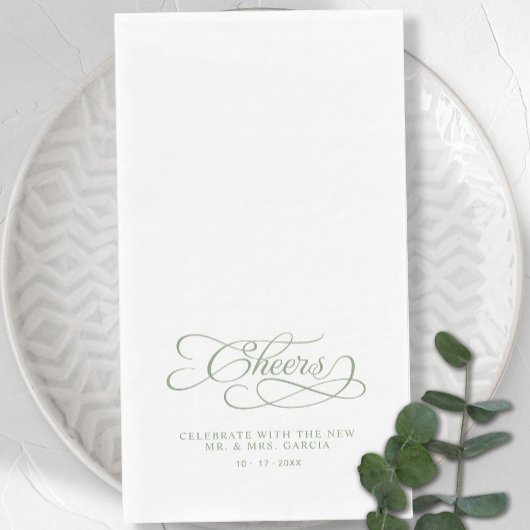 Cheers Elegant Bride & Groom Calligraphy Green Serviette