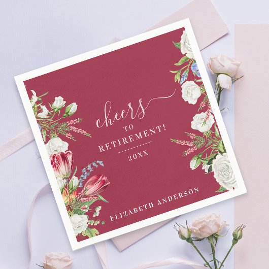 Cheers Elegant Burgundy White Floral Calligraphy Serviette