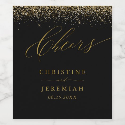 Cheers Elegant Gold Script Black Wedding Wine Labe Weinetikett (Einzelnes Label)