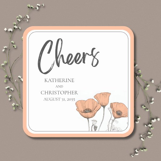 Cheers Elegant Peach Floral Poppies Hochzeit Rechteckiger Pappuntersetzer
