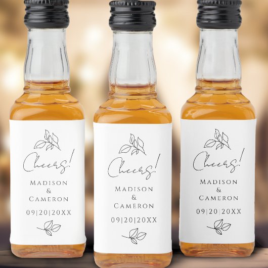 Cheers Elegant Wedding Black & White Leaves Favor Alkoholflaschenetikett