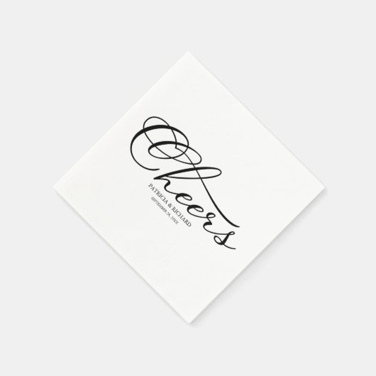 Cheers - elegante Schwarz-Weiß-Script-Hochzeit Serviette (Ecke)