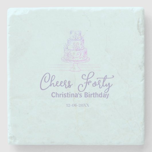 Cheers forty happy birthday cake blue purple name  steinuntersetzer (Vorderseite)