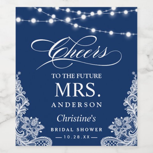 Cheers Future MRS Navy Blue String Lights Lace Weinetikett (Einzelnes Label)