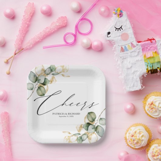 Cheers Gold Greenery Wedding Pappteller (Party)