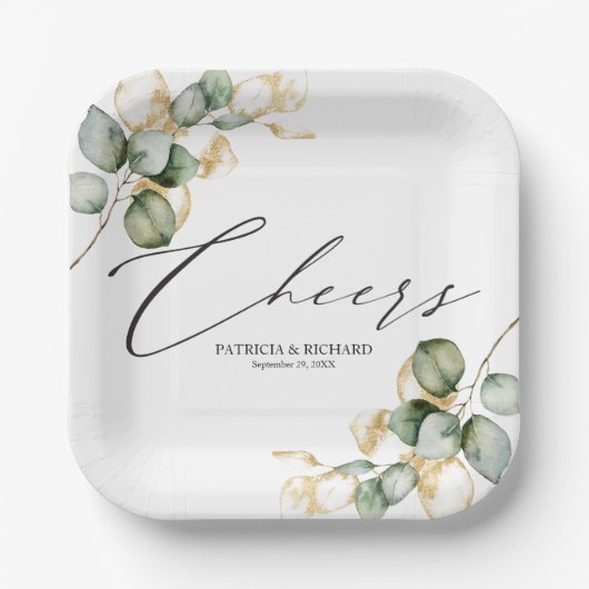 Cheers Gold Greenery Wedding Pappteller (Vorderseite)
