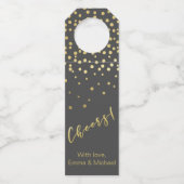 Cheers - Gold Script & Confetti Flaschenanhänger (Vorderseite)