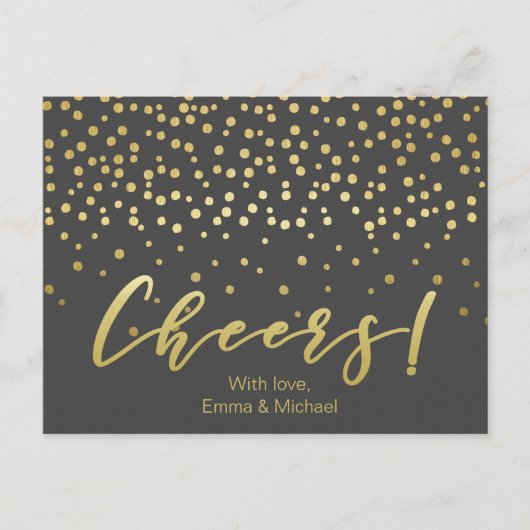 Cheers - Gold Script & Confetti Postkarte (Vorderseite)