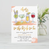 Cheers Gold Script Drinks Blush Brautparty Einladung (Stehend Vorderseite)