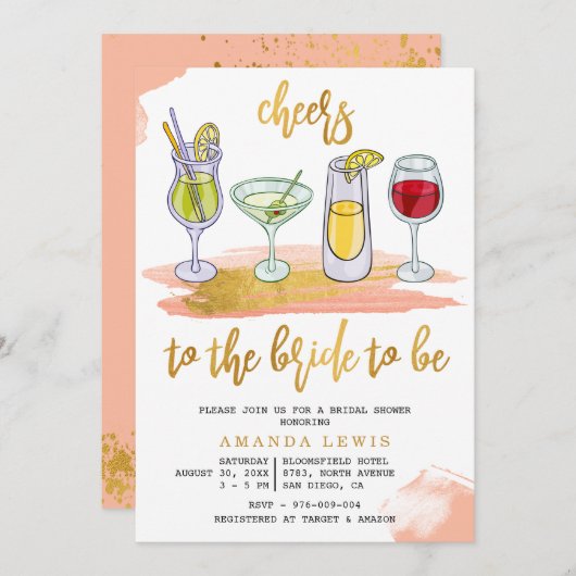 Cheers Gold Script Drinks Blush Brautparty Einladung (Vorne/Hinten)