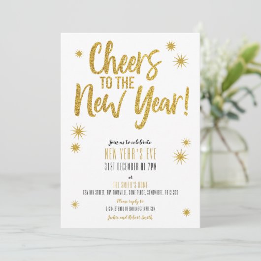Cheers Gold Silvester Einladung (Stehend Vorderseite)
