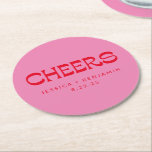 Cheers Groovy Pink Red Typografy Names Wedding Runder Pappuntersetzer<br><div class="desc">Personalisiert Cheers Groovy Red and Pink Typografy Names Wedding Paper Untersetzer</div>
