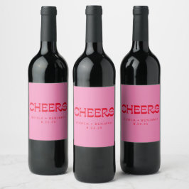 Cheers Groovy Pink Red Typografy Names Wedding Weinetikett