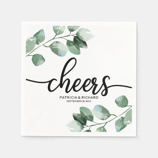 Cheers - Grüne Eukalyptus Calligraphy Wedding Serviette (Vorderseite)