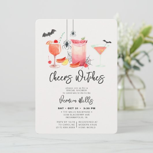Cheers Hexen Grau Halloween Brautparty Einladung (Stehend Vorderseite)