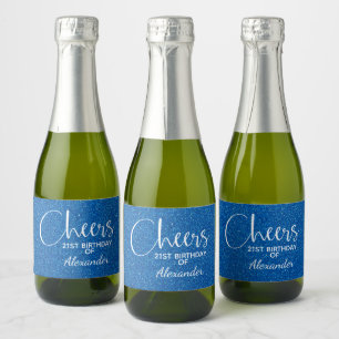 Cheers Imitate Blue GLITZER Birthday Mini Schaumweinetikett
