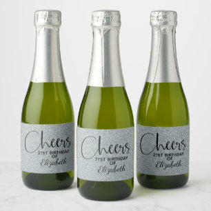 Cheers Imitate Silver GLITZER Birthday Mini Schaumweinetikett