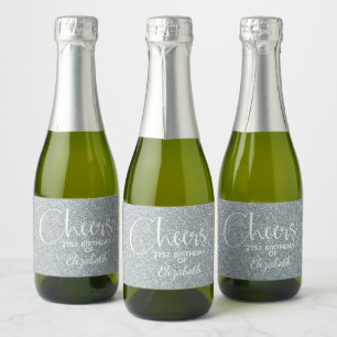 Cheers Imitate Silver GLITZER Birthday Mini Schaumweinetikett